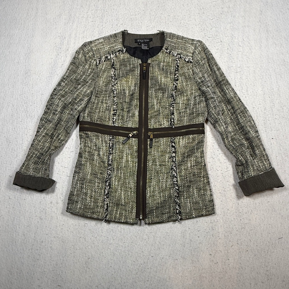 Etcetera Womens Tweed Zipper Jacket Olive Green Gold Metallic Frayed Trim Sz 2